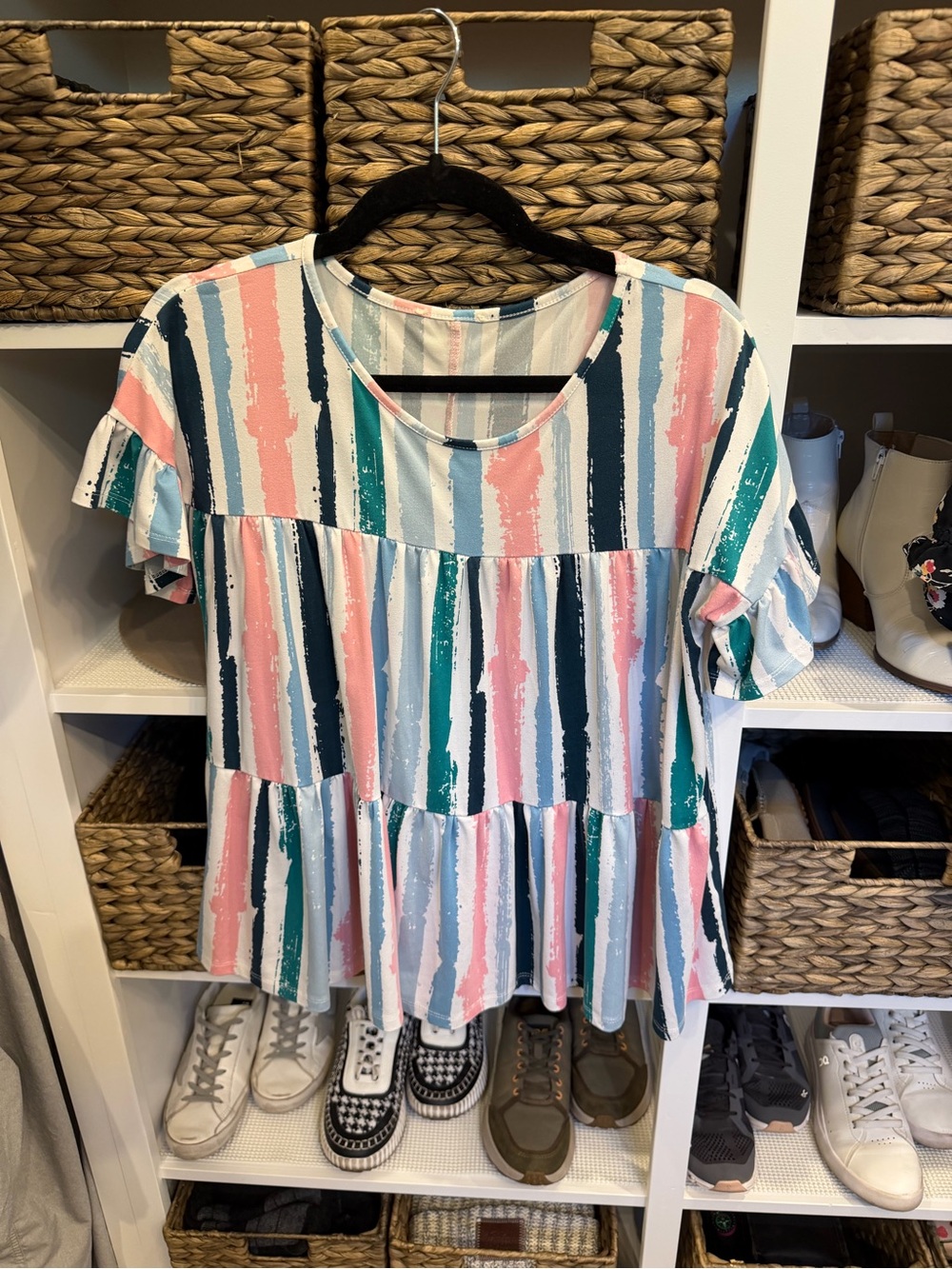 Striped Tiered Short Sleeve Top - Pink, Teal & Navy